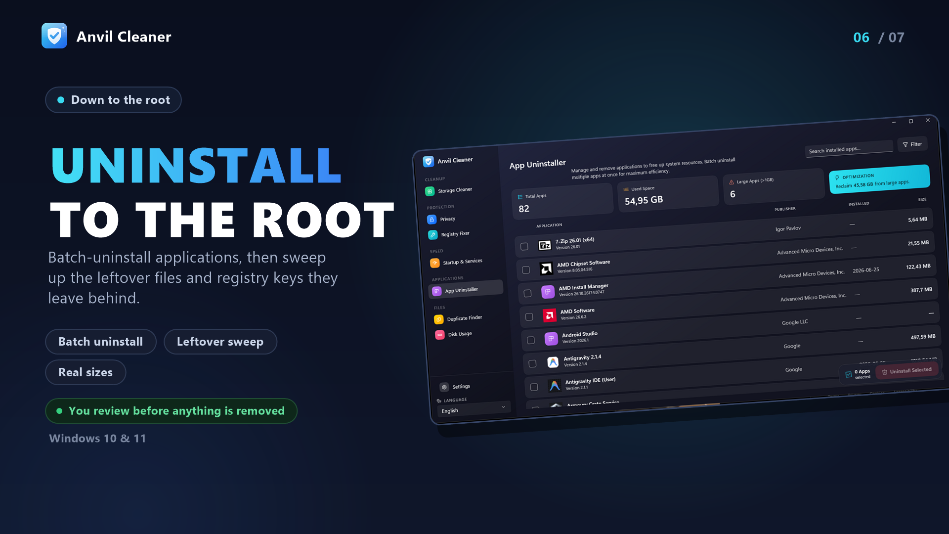 App uninstaller: installed applications with sizes and leftovers
