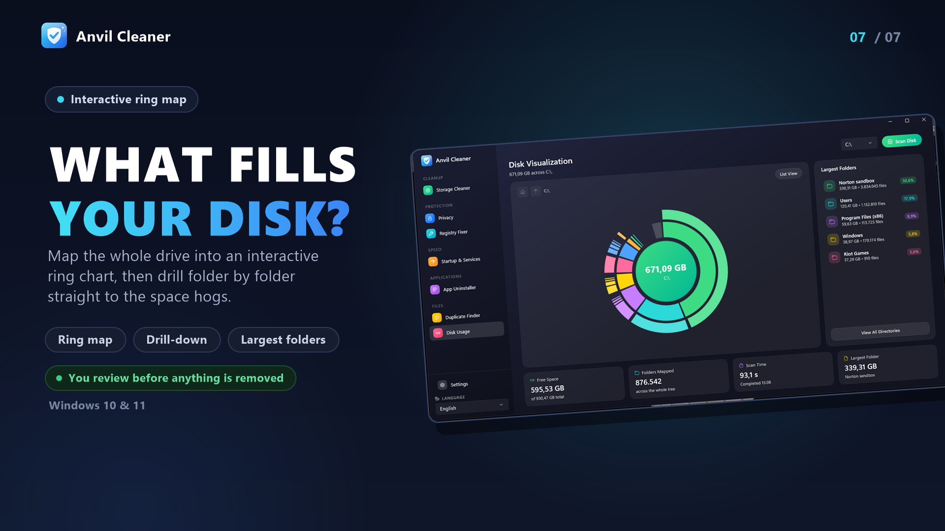 Disk usage: interactive ring map with largest folders