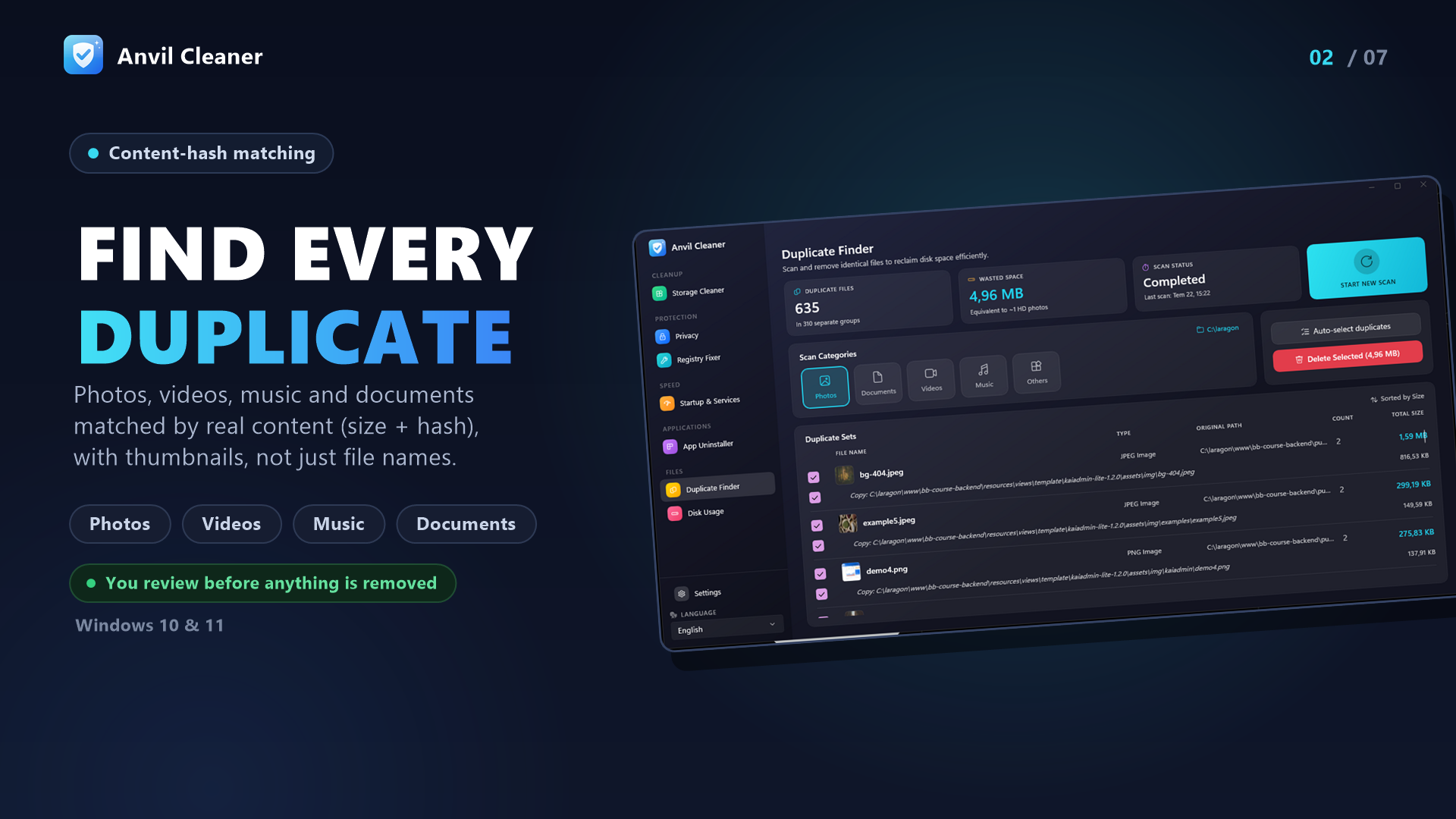 Duplicate finder: duplicate sets with thumbnails, sizes and original paths