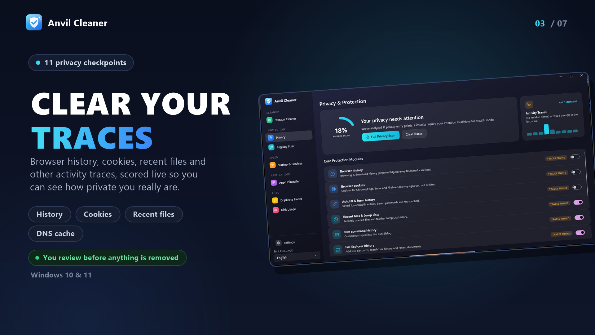 Privacy and protection: privacy score with eleven trace modules