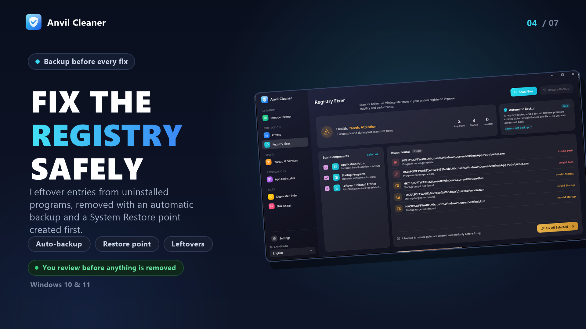 Registry fixer: health card, scan components and issues found